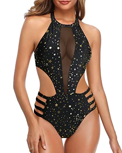 Push Up Bra Support Swimsuit High Neck Backless One Piece-Gold Stars