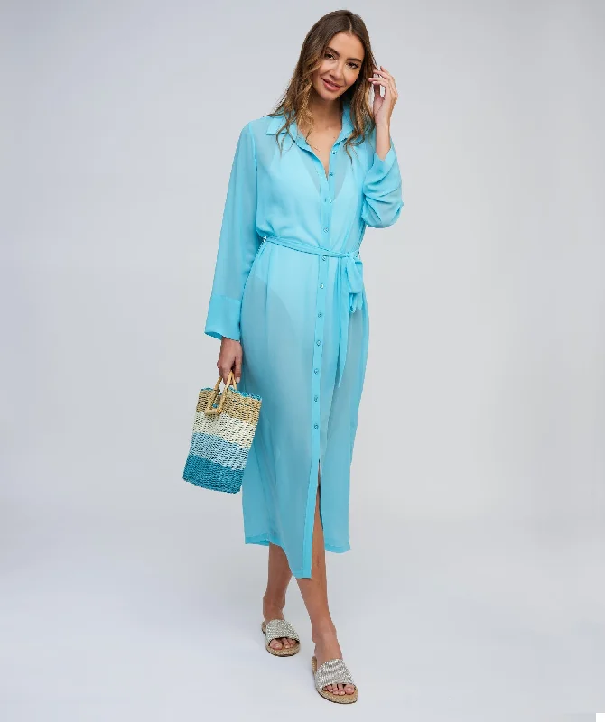 Turquoise Sheer Shirt Dress with Waist Tie