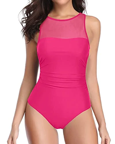 Women High Neck One Piece Swimsuits For Women Open Back Swimwear-Neon Pink