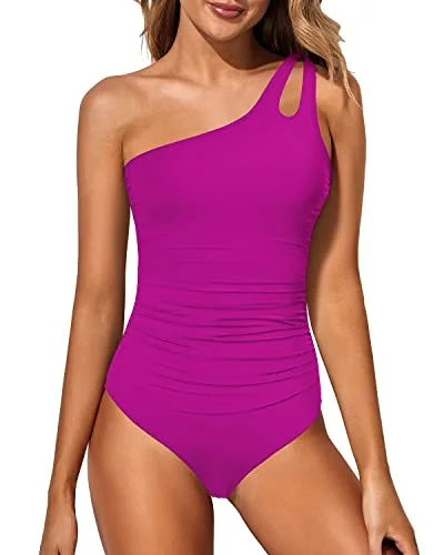 Ruched One Shoulder One Piece Swimsuit For Women Tummy Control Bathing Suits-Hot Pink