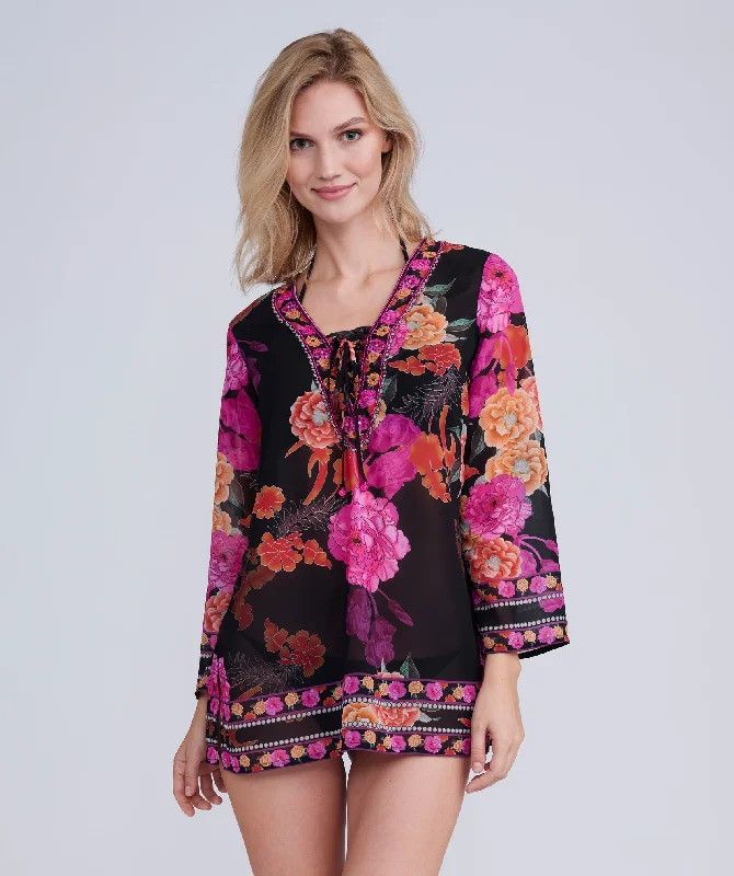 Black Embellished Floral Print Tunic Cover-up