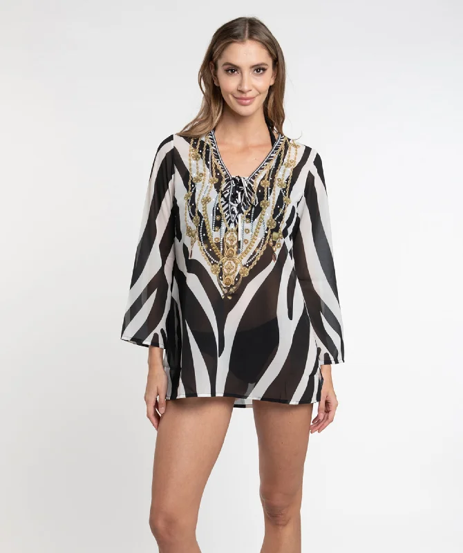 Black/White Animal Print V-Neck Beach Tunic with Embellishments