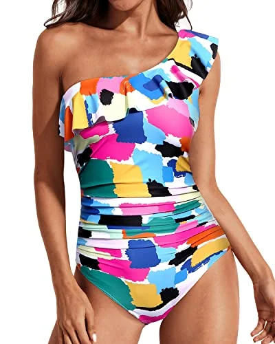 Ruffle Accented One Shoulder One Piece Swimsuits-Aqua