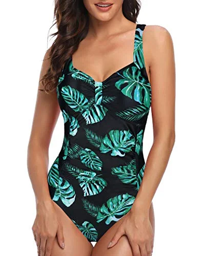 Long Torso Slimming Shaping Tummy Control One Piece Swimsuits-Black And Green Leaf