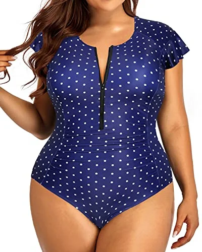 Tummy Control Plus Size One Piece Rash Guard Swimsuit For Women-Navy Blue Polka Dot