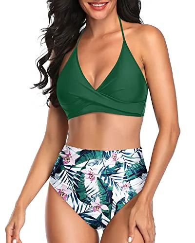 High Waisted Bikini Set Criss Cross Twist Front Halter Top Bikini Sets-Green Tropical Floral