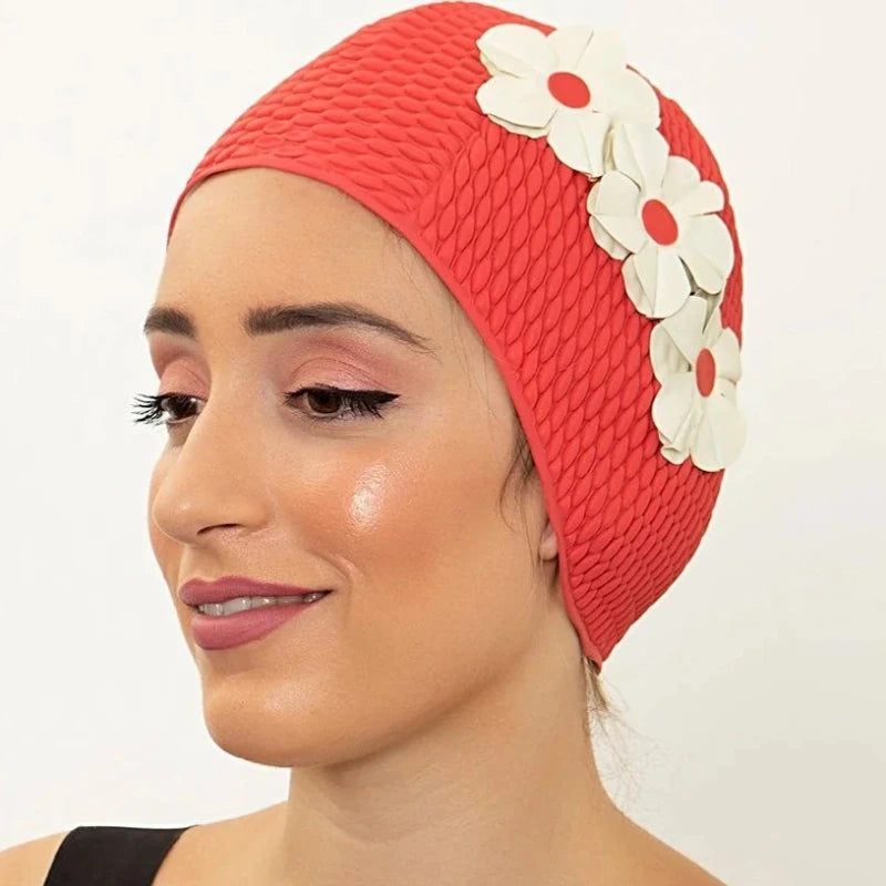 White retro swimming cap with black flowers - KORES