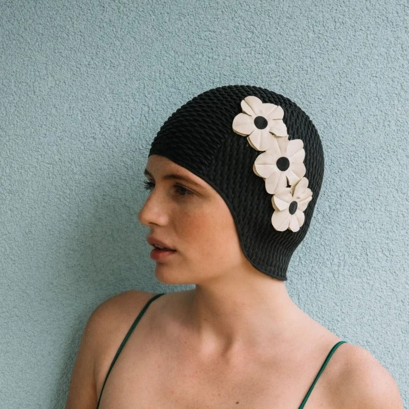 Black retro swimming cap with white flowers - KORES