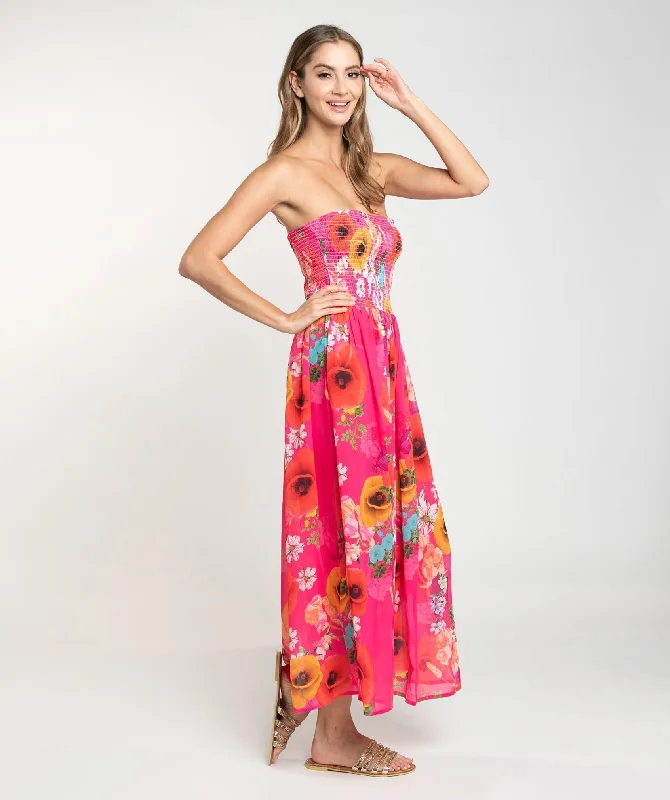 Pink Floral Print Maxi Dress with Bandeau Elasticated Top