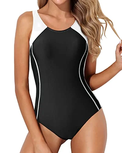 Keyhole Splicing Athletic One Piece Swimsuits-Black And White