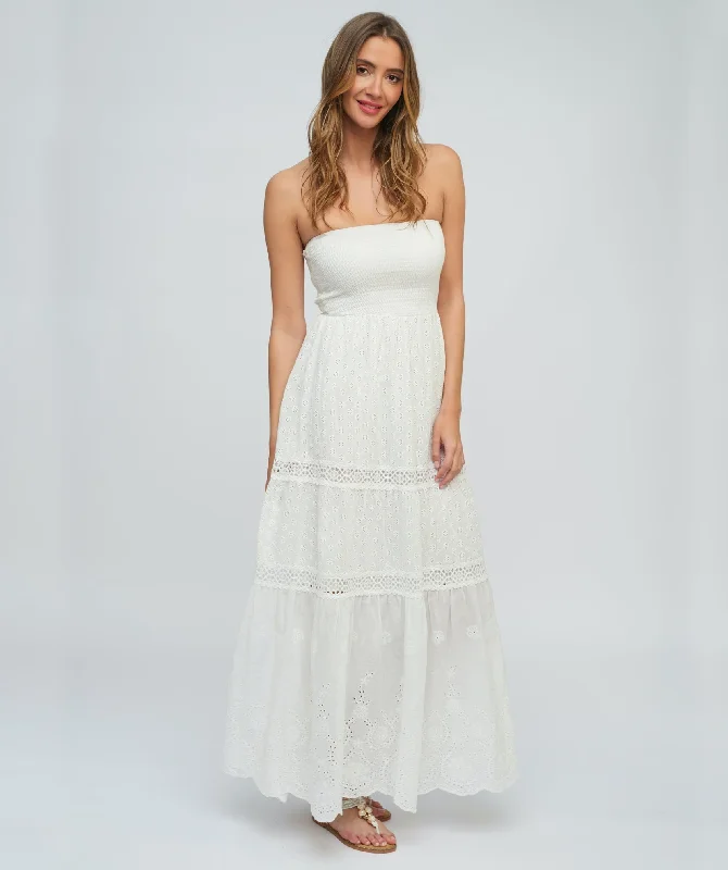 White Bandeau Maxi Dress with Floral Embellishment