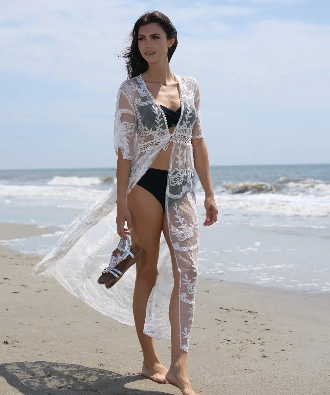 White Lace Beach Kimono with Eyelet Trims and Tie Closure