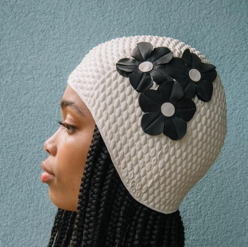 White retro swimming cap with black flowers - KORES