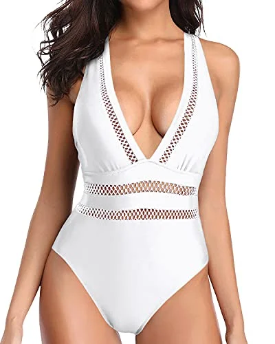 Push Up Plunge V Neck Criss-Cross Back One Piece Swimsuits-White