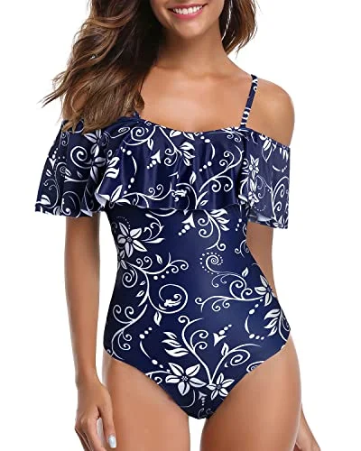 Women's Ruffle Tummy Control Bathing Suit Retro Off Shoulder One Piece Swimsuit