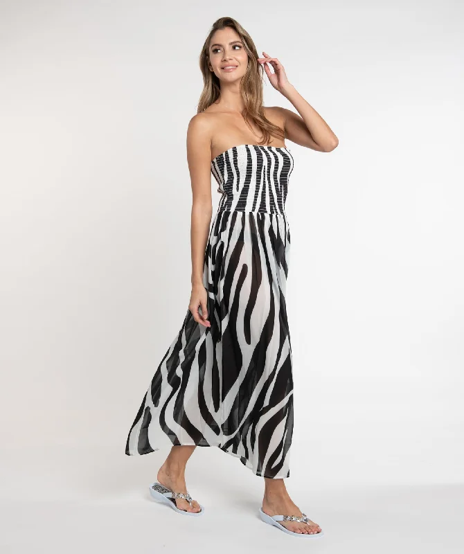 Black/White Animal Print Maxi Dress with Bandeau Elasticated Band