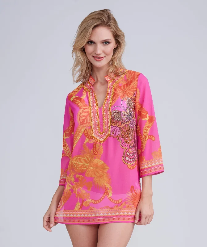 Hot Pink Butterfly Printed Tunic Cover Up