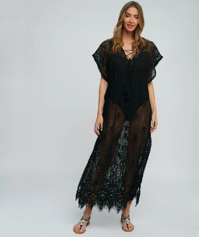 Black Lace Maxi Coverup with Floral Embroidery and Side Splits