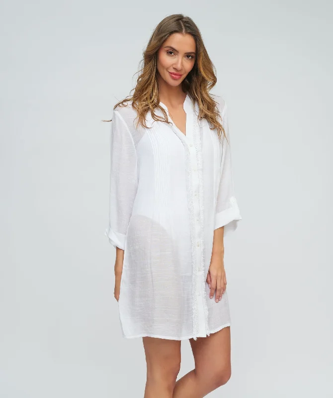 White Fringed Beach Shirt with Button Closure and Rolled Cuff Sleeves