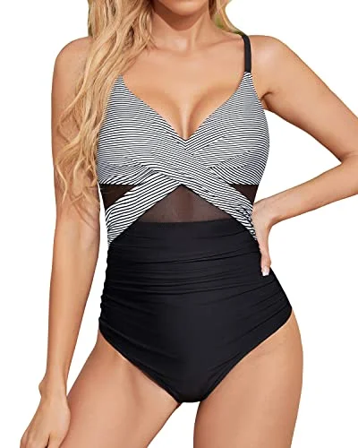 Women's Cutout V Neck Push Up Tummy Control One Piece Swimwear-Black White