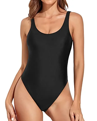 Tummy Control Low Back Scoop Neck Retro 80S High Cut One Piece Swimsuit-Black