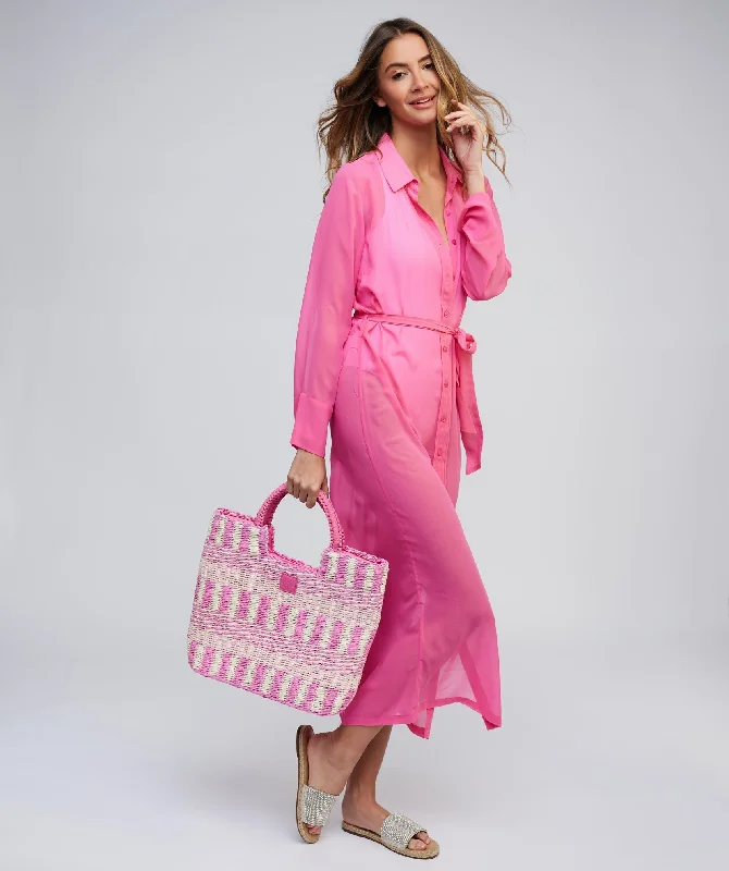 Pink Sheer Shirt Dress with Waist Tie - Midi Length