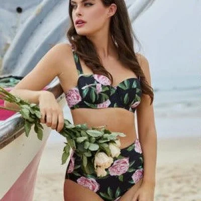 Bettie Page Vintage Style Eco Claudette Roses Bikini TOP.