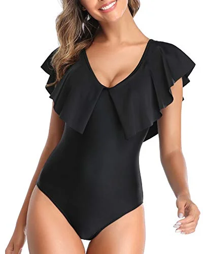 Flounce Sleeve V Neck One Piece Swimsuit For Women-Black