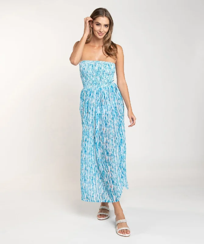 Blue Wave Print Maxi Dress with Elastic Bandeau Top