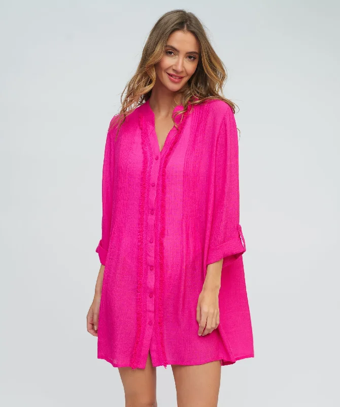 Fuchsia Fringed Beach Shirt with Button Closure