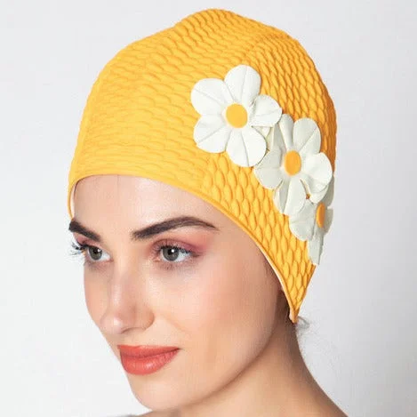 Bonnet de bain rétro à fleurs orange / blanc - KORES