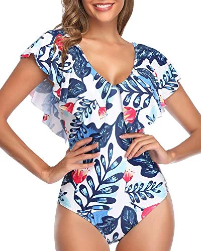 Trendy Bathing Suit Flounce Sleeve V Neck One Piece Swimsuit-White And Blue Floral