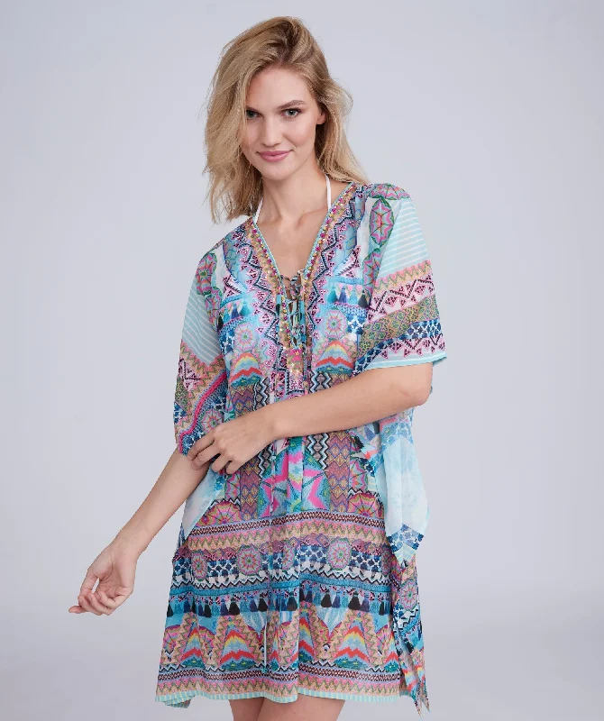 Pale Turquoise Aztec Print Beach Cover-up