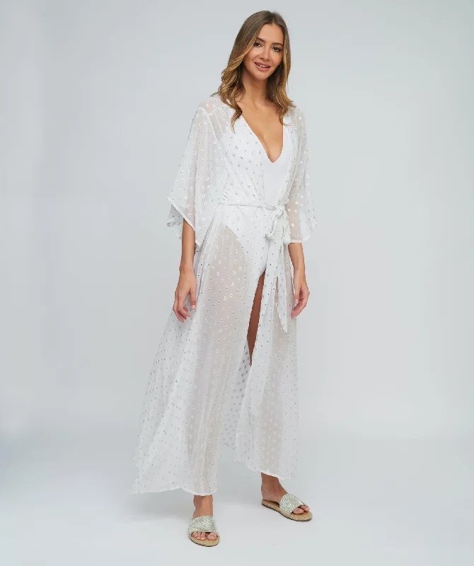 White Beach Kimono with Silver Tone Spot Print