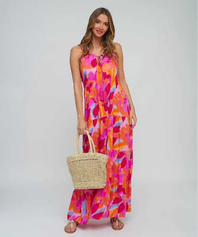 Fuchsia Printed Cotton Maxi Dress with Adjustable Straps