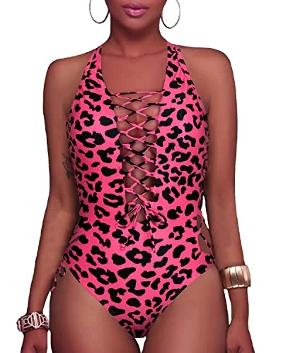 High Cut Cross Back Plunge V Neck One Piece Swimsuits-Hot Pink Leopard