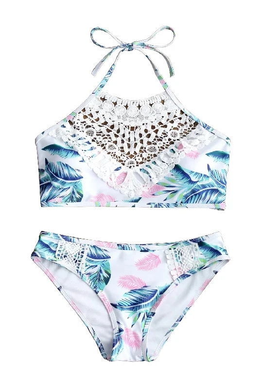 Iyasson Floral Printing With White Lace Tank Top Bikini Set