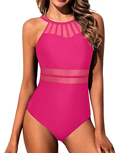 Women High Neck One Piece Swimsuit Tummy Control Halter Slimming Swimwear-Neon Pink