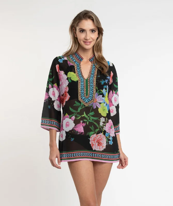 Black/Pink Floral Print Cover Up with Beaded Embellishment