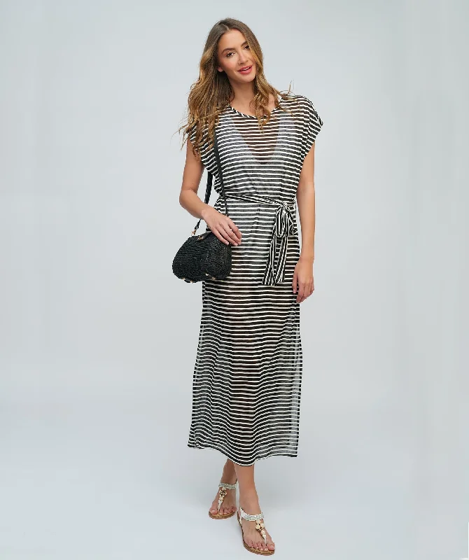 Black/White Stripe Maxi Dress with Side Slits and Waist Tie