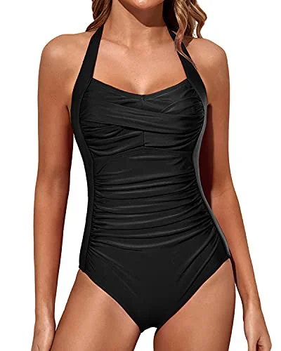 Halter Vintage Swimwear Slimming One Piece Swimwear-Black