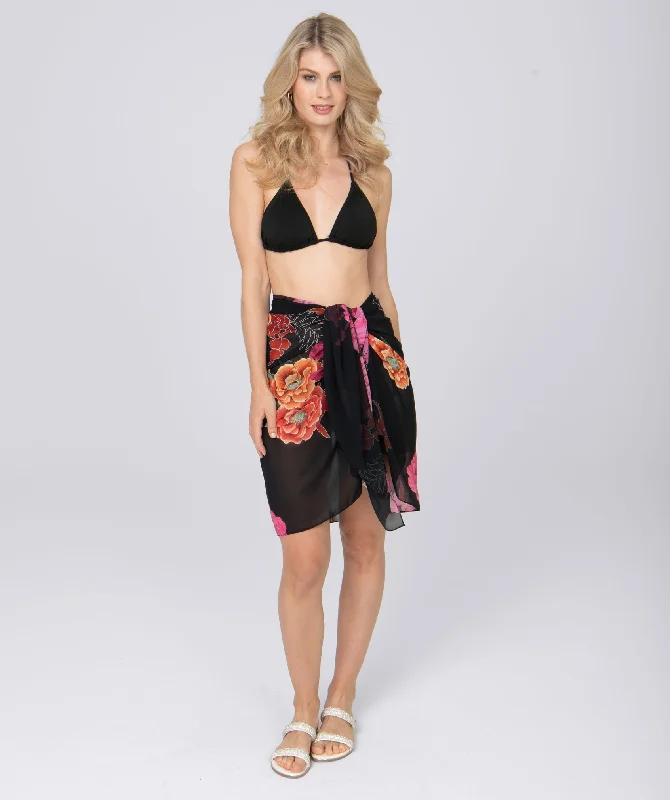 Black Beach Sarong with Pink Floral Print