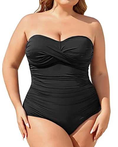 Plus Size Strapless One Piece Swimsuit Tummy Control Bathing Suits-Black