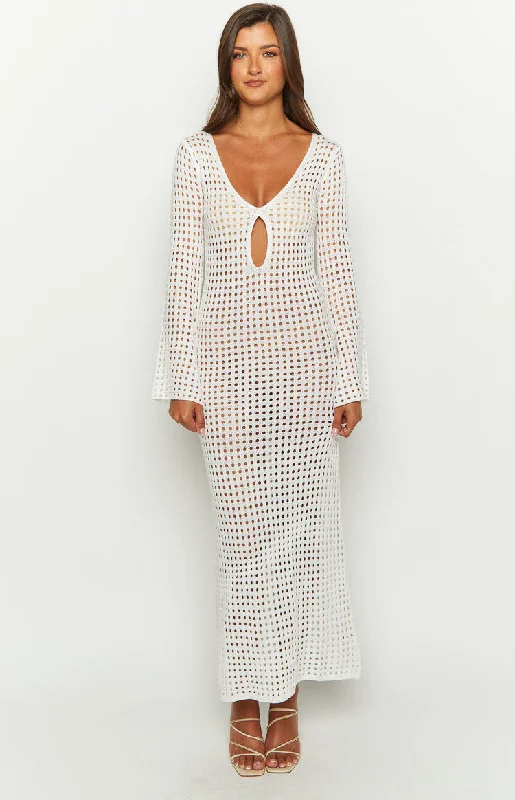 Destinations White Crochet Long Sleeve Maxi Dress