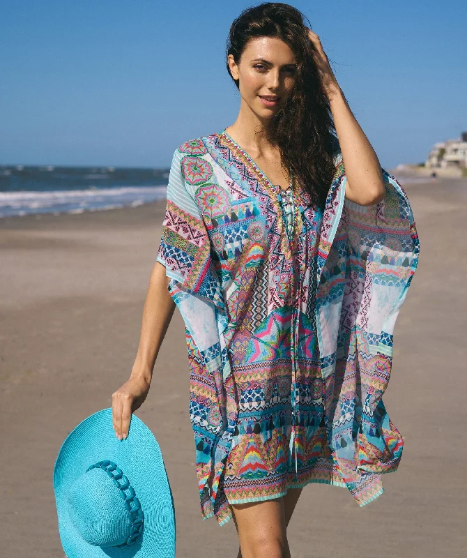 Pale Turquoise Aztec Print Beach Kaftan Cover-up