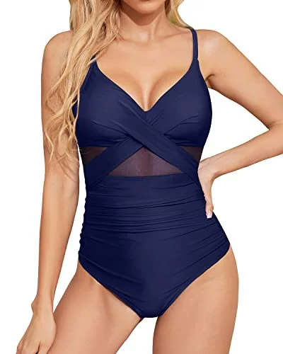 Cutout Mesh Front Cross One Piece Swimsuits for Women Push Up Swimwear