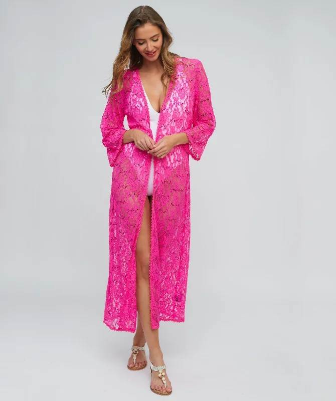 Fuchsia Sequin Lace Kimono with Tie Belt