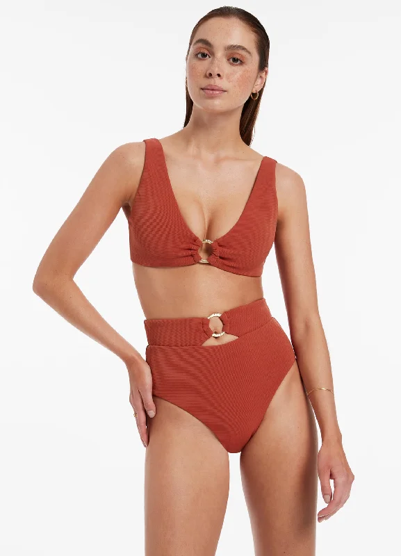 Isla Rib High Waist Trim Bikini Bottom - Russet