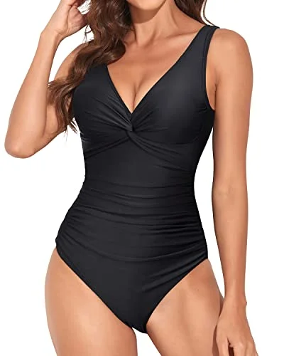 Long Torso Women One Piece Swimsuit Vintage V Neck Twist Bathing Suit-Black