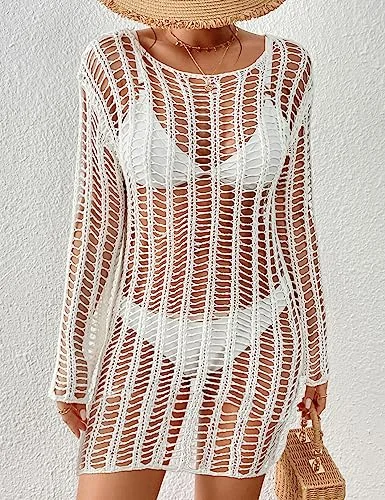 Long Sleeve Crochet Swimwear Cover Up - Sexy Beach Dress